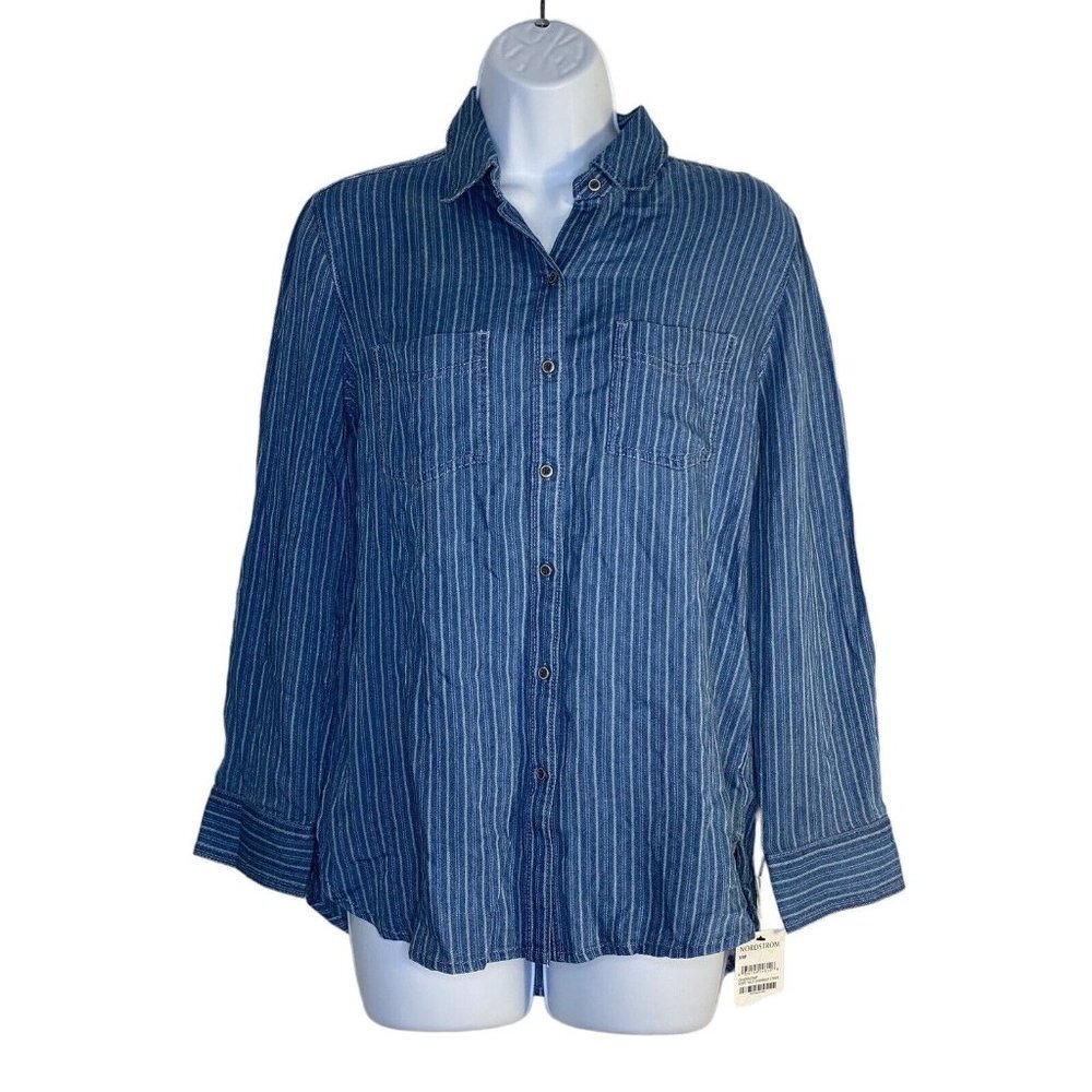 Caslon Women’s Navy-Ivory Chambray Button Up Shirt Long Sleeve SZ XS